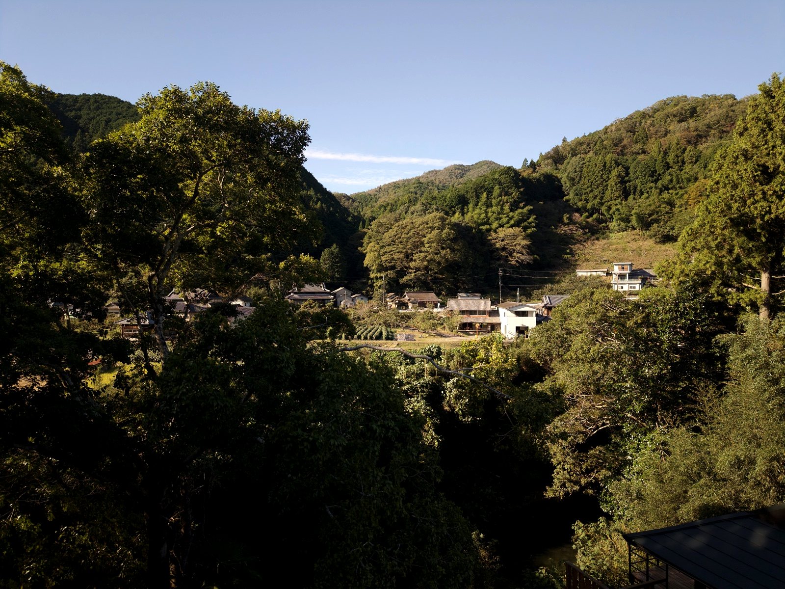山に囲まれた谷あいに家が点在する集落